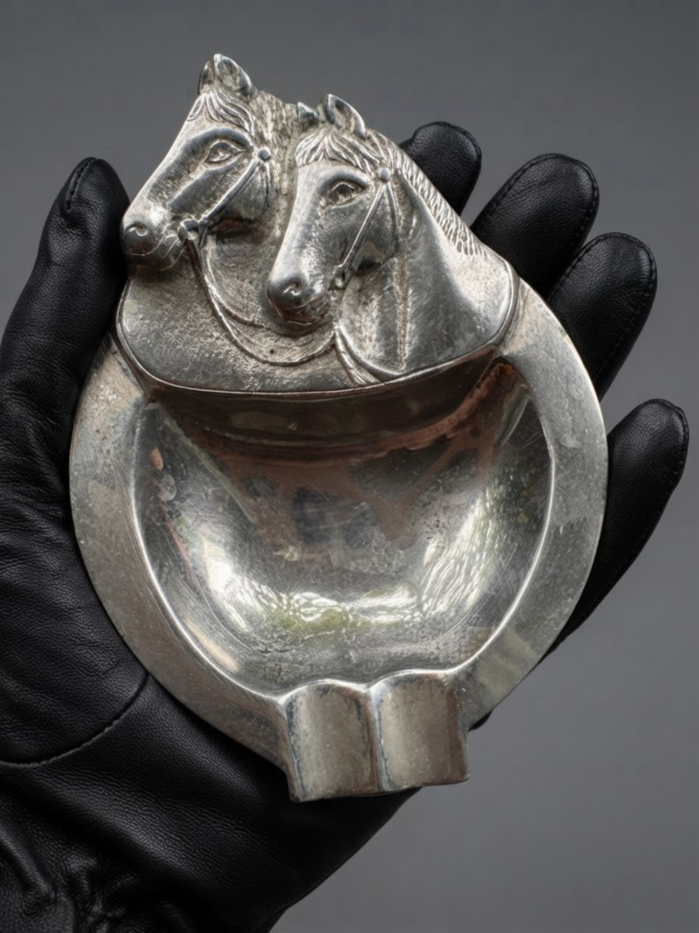 Vintage German Silver Horse Horseshoe Ashtray Pipe Rest Mid Century